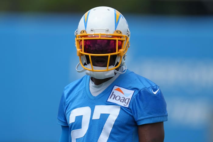 Jun 14, 2022; Costa Mesa, California, USA; Los Angeles Chargers cornerback J.C. Jackson (27) during minicamp at the Hoag Performance Center. Mandatory Credit: Kirby Lee-USA TODAY Sports